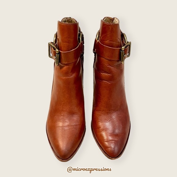 Frye Roxanne Ring Short Cognac Leather Moto Harness Belt Buckle Heeled Bootie - Picture 5 of 13